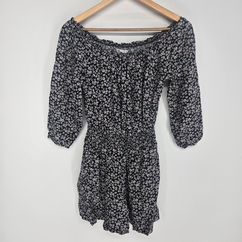 Hollister Romper Womens S Black Daisy Floral Smocked Waist Off Shoulder Jumpsuit